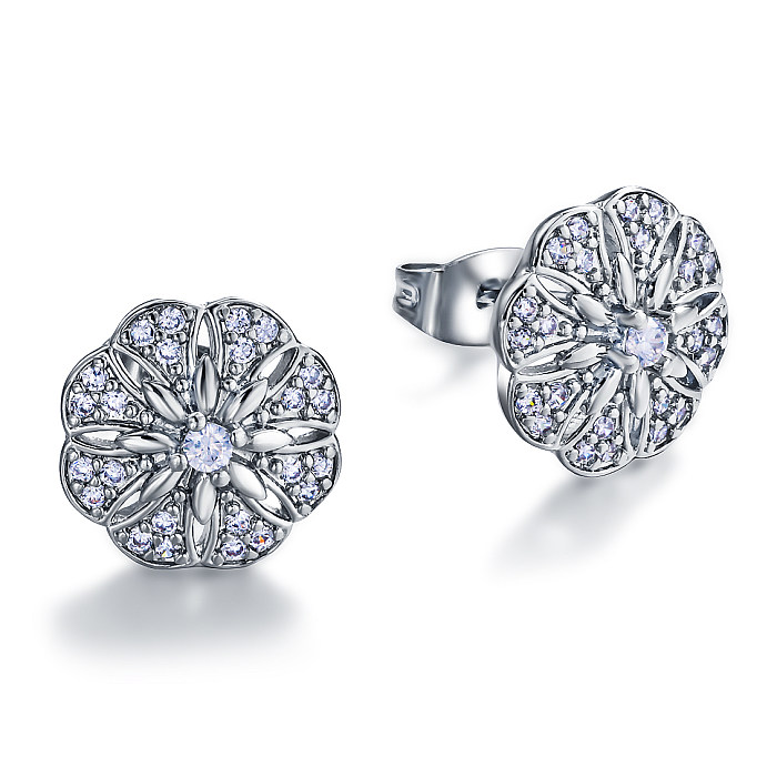 Brass diameter 12mm hollow pattern inlaid zircon earrings