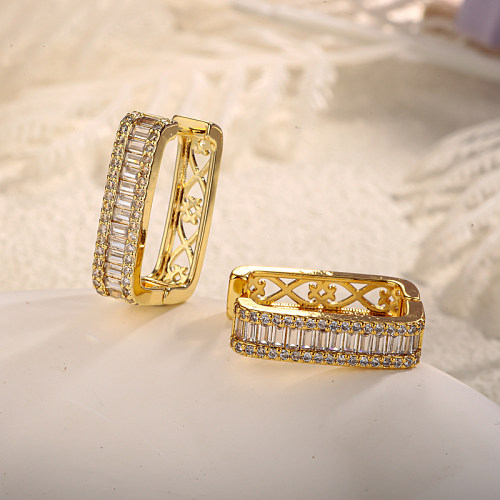 Brass wire diameter 11.5mm rectangular hollow pattern inlaid with zircon ear buckle