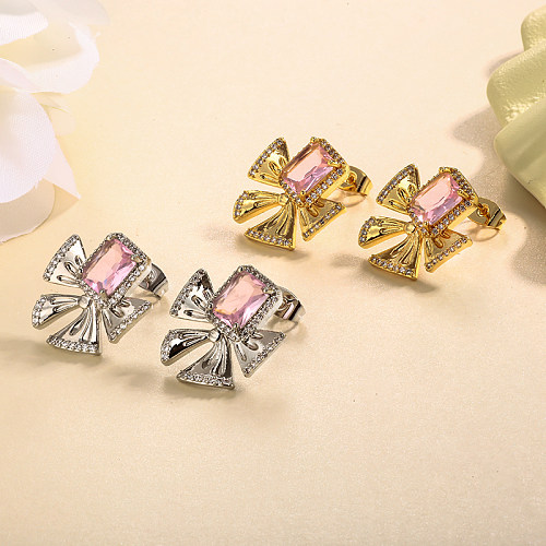 Brass bow, pink zircon inlaid with zircon earrings