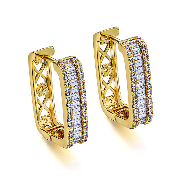 Brass wire diameter 11.5mm rectangular hollow pattern inlaid with zircon ear buckle