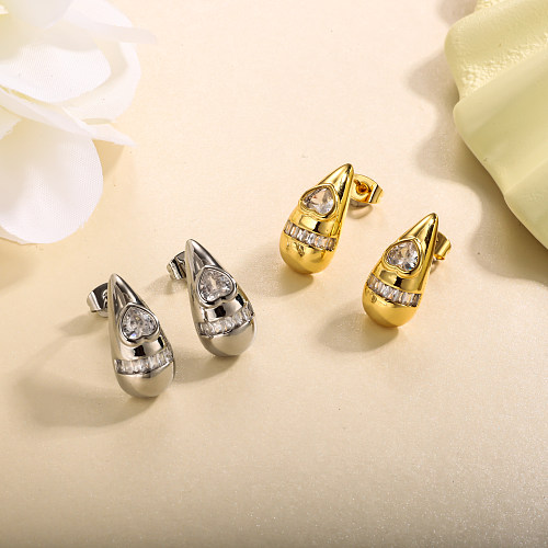 Brass droplet shaped inlaid circular zircon heart-shaped zircon earrings