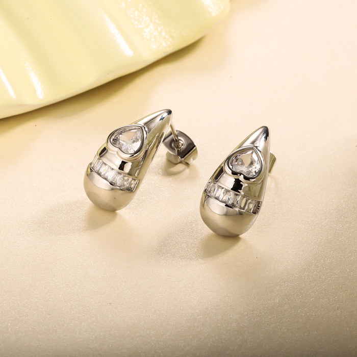 Brass droplet shaped inlaid circular zircon heart-shaped zircon earrings