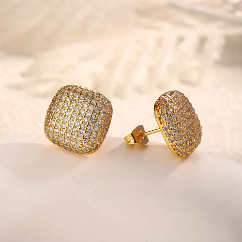 Brass square inlaid zircon earrings