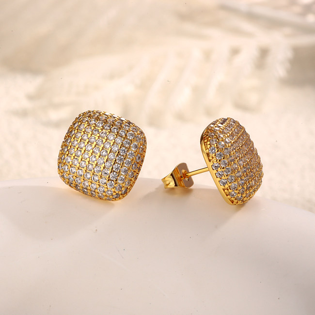 Brass square inlaid zircon earrings