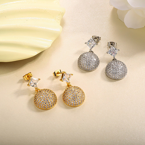 Brass square diamond half sphere inlaid with zircon earrings