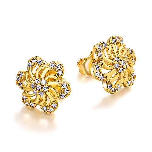 Brass 15mm flower shaped hollow pattern inlaid with zircon earrings