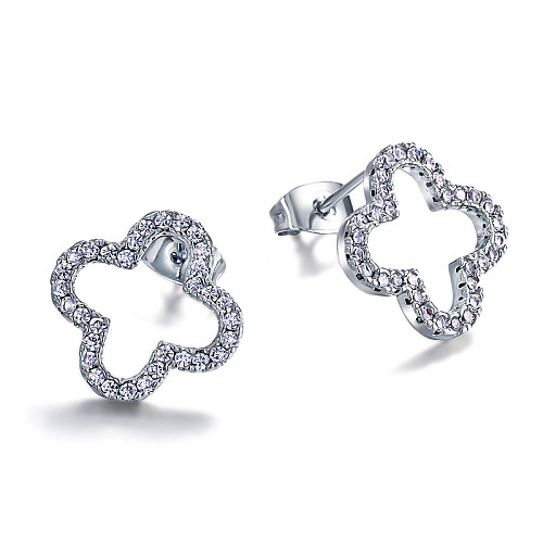 Brass clover line hollow hollow inlaid zircon earrings