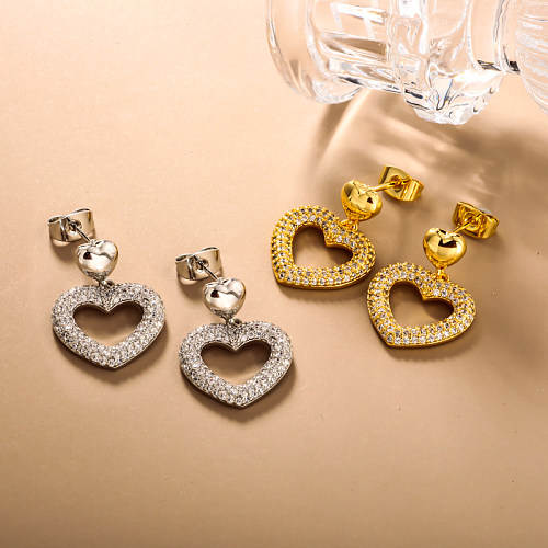 Brass double heart inlaid zircon earrings