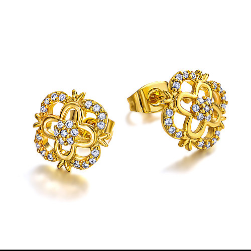 Brass 13mm square hollow pattern inlaid with zircon earrings