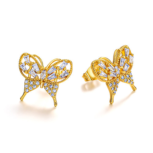 Brass butterfly hollow pattern inlaid with zircon earrings