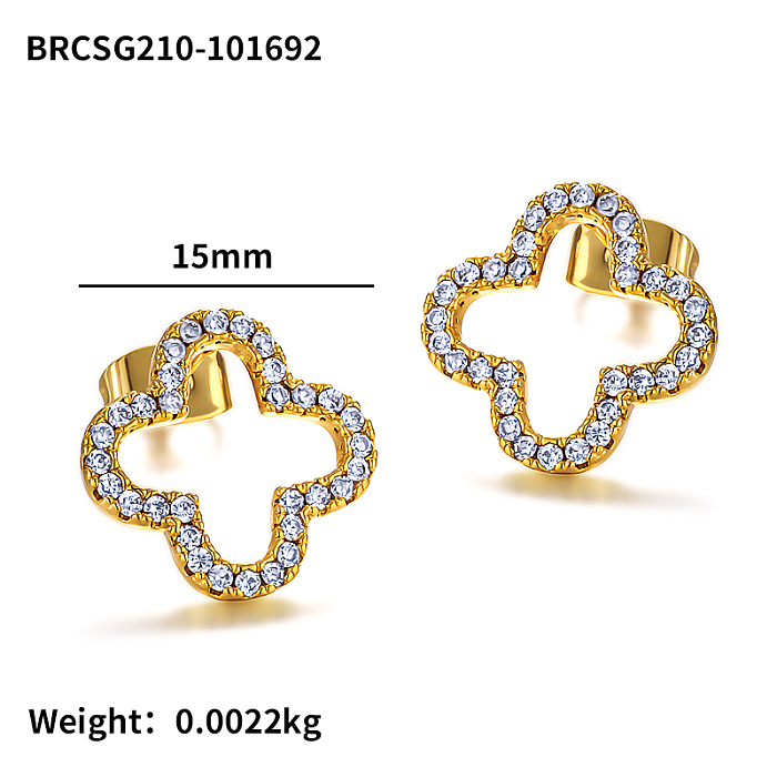 Brass clover line hollow hollow inlaid zircon earrings