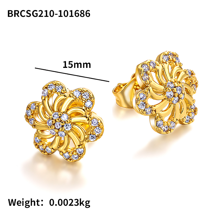 Brass 15mm flower shaped hollow pattern inlaid with zircon earrings