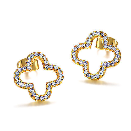 Brass clover line hollow hollow inlaid zircon earrings