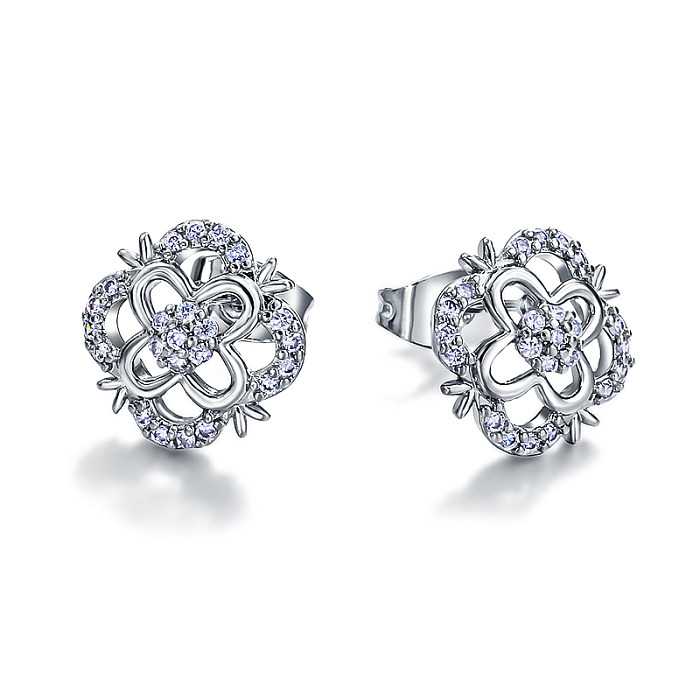 Brass 13mm square hollow pattern inlaid with zircon earrings