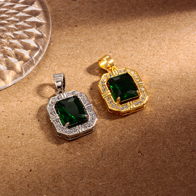 Brass rectangular inlaid zircon green zircon simple and versatile pendant