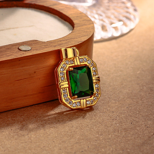 Brass rectangular inlaid zircon green zircon simple and versatile pendant