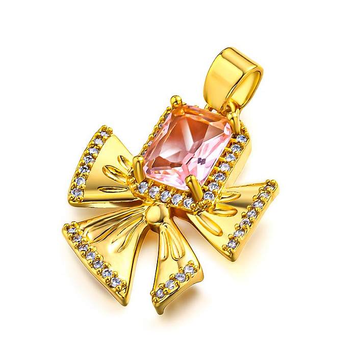 Brass bow inlaid with zircon pink zircon simple and versatile pendant