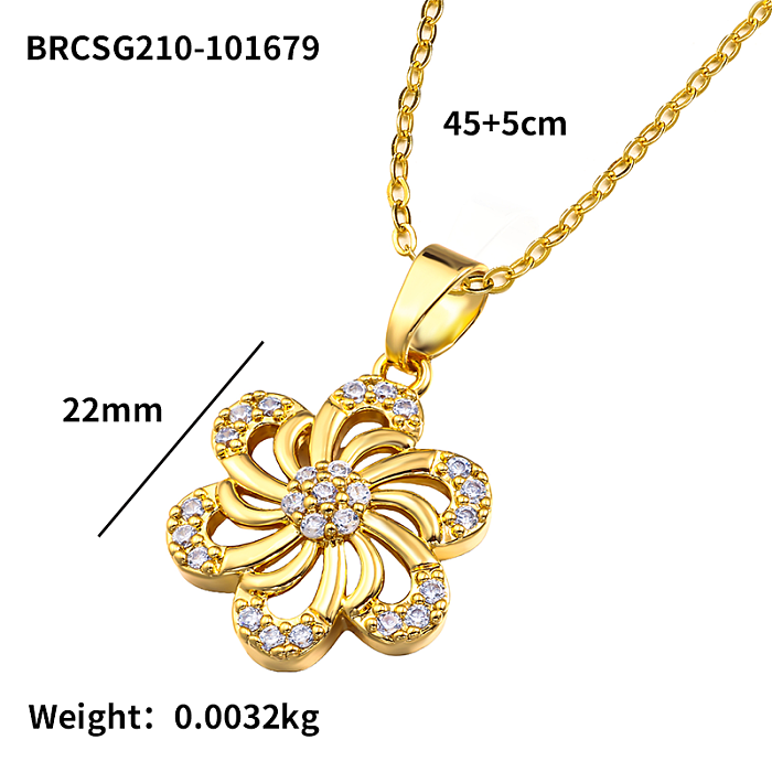 Brass flower shaped hollow pattern inlaid with zircon 45+5cm necklace