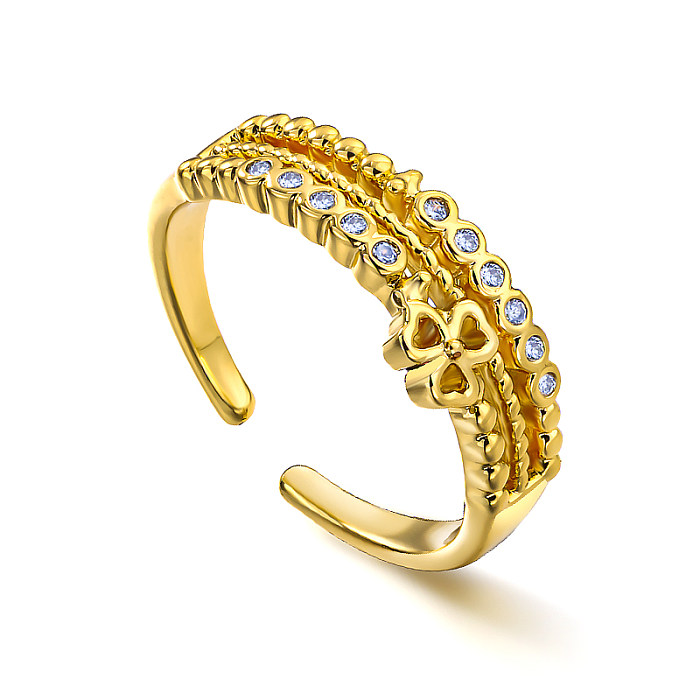 Bague en laiton avec motif de trèfle creux, 7mm de large, incrusté de zircon, arrangement de perles rondes creuses