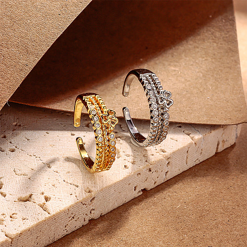 Anillo de circonio con diseño de trébol hueco de latón, 7mm de ancho con incrustaciones de circonio, arreglo de cuentas redondas huecas
