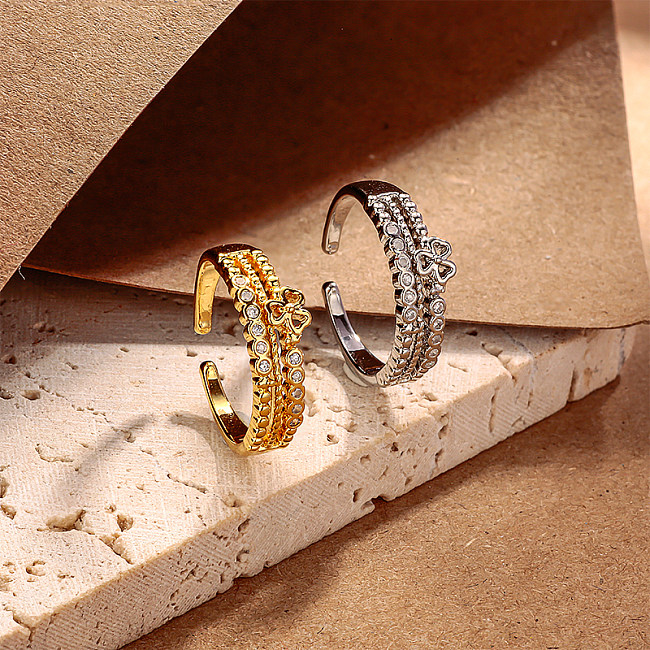 Bague en laiton avec motif de trèfle creux, 7mm de large, incrusté de zircon, arrangement de perles rondes creuses