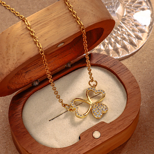 Brass hollow clover inlaid zircon 45+5cm necklace