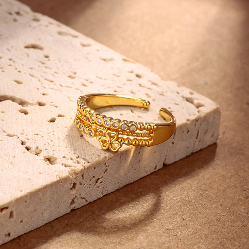 Anillo de circonio con diseño de trébol hueco de latón, 7mm de ancho con incrustaciones de circonio, arreglo de cuentas redondas huecas