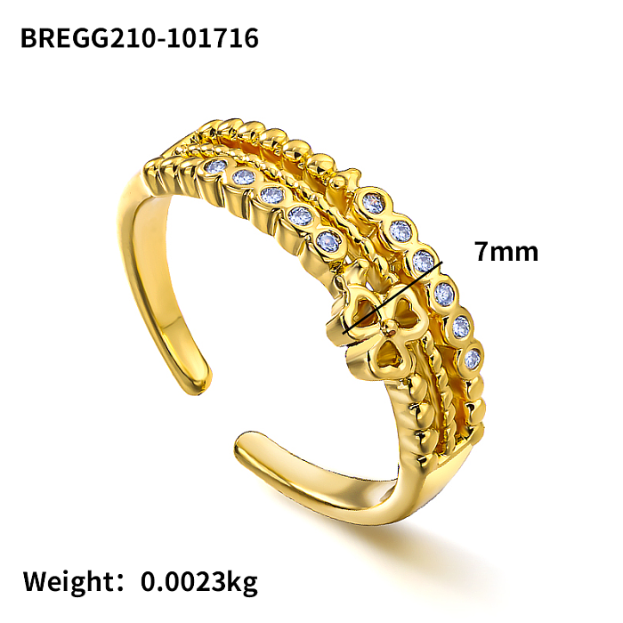 Bague en laiton avec motif de trèfle creux, 7mm de large, incrusté de zircon, arrangement de perles rondes creuses