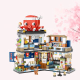 722Pcs Japanese Street View Series Takoyaki Shop Bricks Mini Particle DIY Building Blocks Stem Toy Kit (The product is not made and sold by lego and has no connection with lego) (Not compatible with small particle bricks)