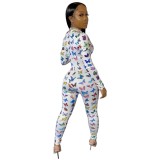 Sexy Print Zipper Bodycon Jumpsuit with Sleeves