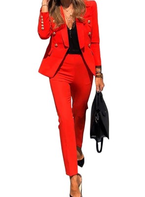 Solid Color Long Sleeves Blazer and Pants Office Suit