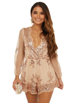 Sequins V-Neck Rompers with Sleeves