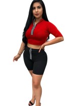 Sexy Tight Red Crop Top and Black Shorts