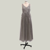 Grey Applique Mesh Evening Dress