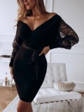 Black Sexy Wrapped Party Dress with Lace Sleeves