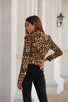 Leopard Print Short Zipper Blazer with Sleeves
