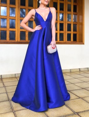 Blue Straps V-Neck Evening Dress