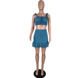 Blue Denim Straps Crop Top and Skirt Set