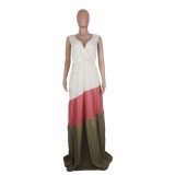Summer Contrast Sleeveless V-Neck Maxi Dress