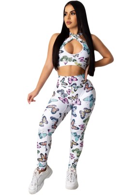 Print White Butterfly Crop Top and Pants Set