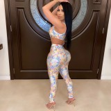 Summer Print Sexy One Shoulder Bodysuit and Pants