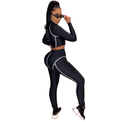 Sports Black Print Tight Crop Top and Pants