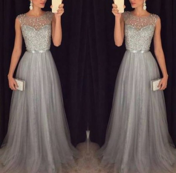 Sequins Upper Gray Sleeveless Evening Dress