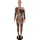 Leopard Print One Shoulder Bodycon Jumpsuit