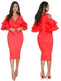 Cut Out Shoulder Back Slit Midi Dress with Ruffle Sleeves