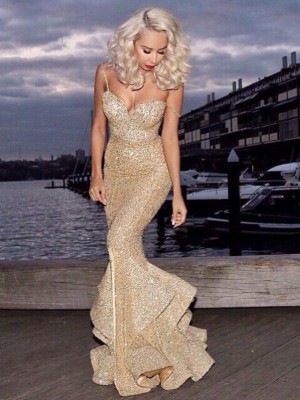 Gold Sequins Straps Mermaid Evening Dress