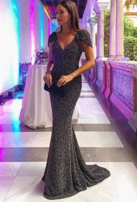 Black V-Neck Sequins Mermaid Evening Dress