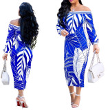 White and Blue Print Off Shoulder Midi Dress