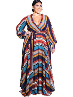 Plus Size Print Wrapped Maxi Dress with Pop Sleeves