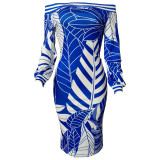 White and Blue Print Off Shoulder Midi Dress